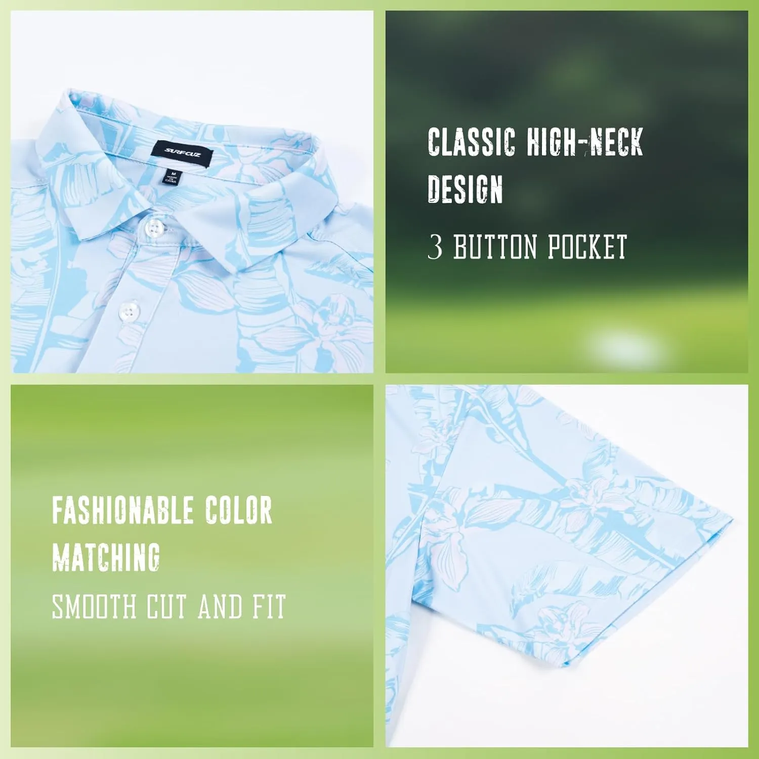 SURF CUZ Golf Shirt Moisture Wicking for Men Dry Fit Polo Shirts Short Sleeve Print Performance 4-Way Stretch