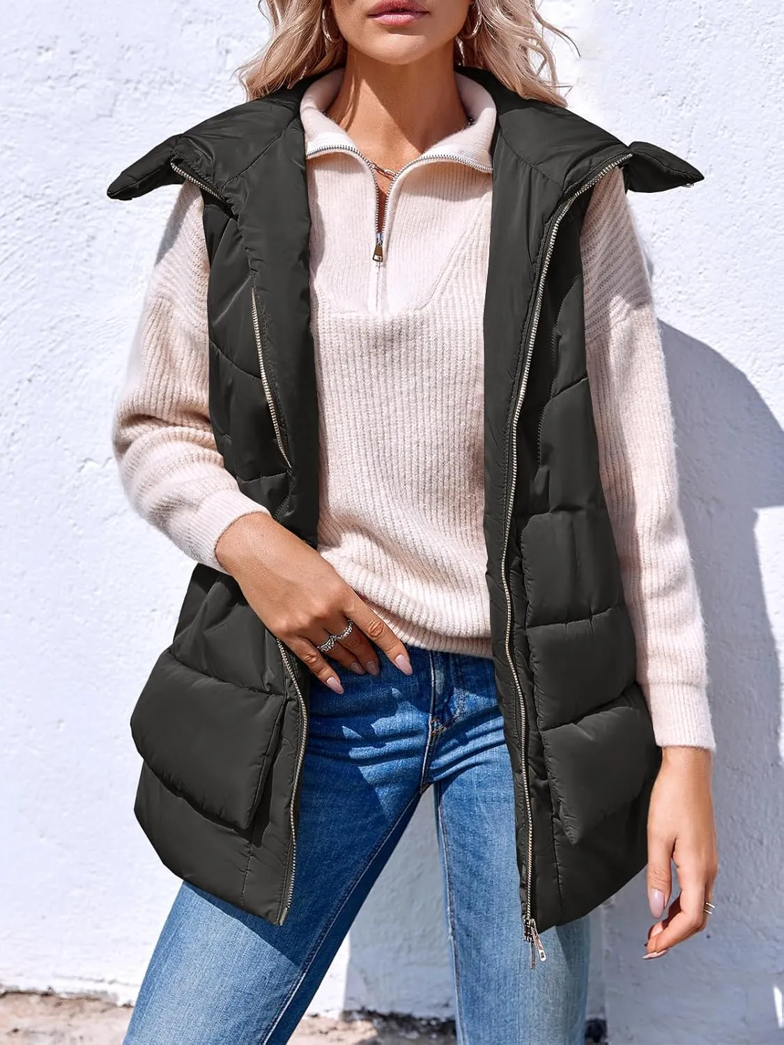Tankaneo Women Hooded Long Puffer Vest Sleeveless Lightweight Quilted Coat Winter Padded Gilet Jacket with Pocket