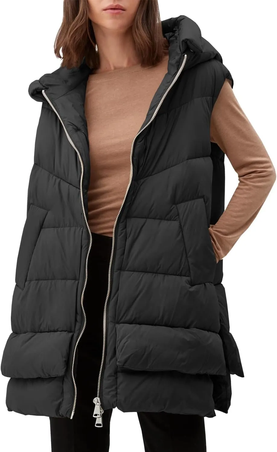 Tankaneo Women Hooded Long Puffer Vest Sleeveless Lightweight Quilted Coat Winter Padded Gilet Jacket with Pocket