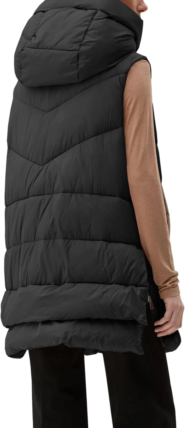 Tankaneo Women Hooded Long Puffer Vest Sleeveless Lightweight Quilted Coat Winter Padded Gilet Jacket with Pocket