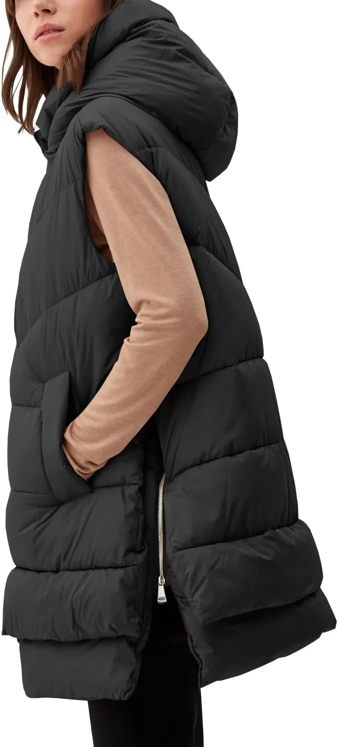 Tankaneo Women Hooded Long Puffer Vest Sleeveless Lightweight Quilted Coat Winter Padded Gilet Jacket with Pocket