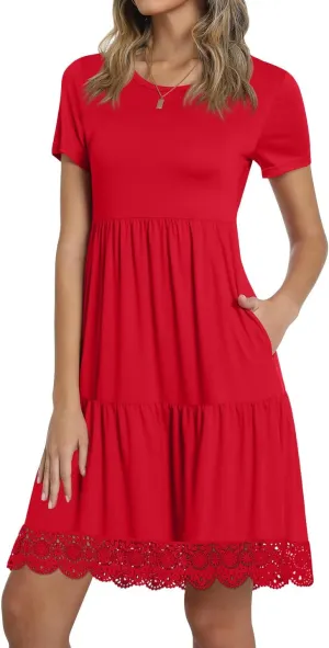 TAOHUADAO Women's Summer Casual Tshirt Dresses Short Sleeve Ruffle Swing Lace Hem Dress with Pockets