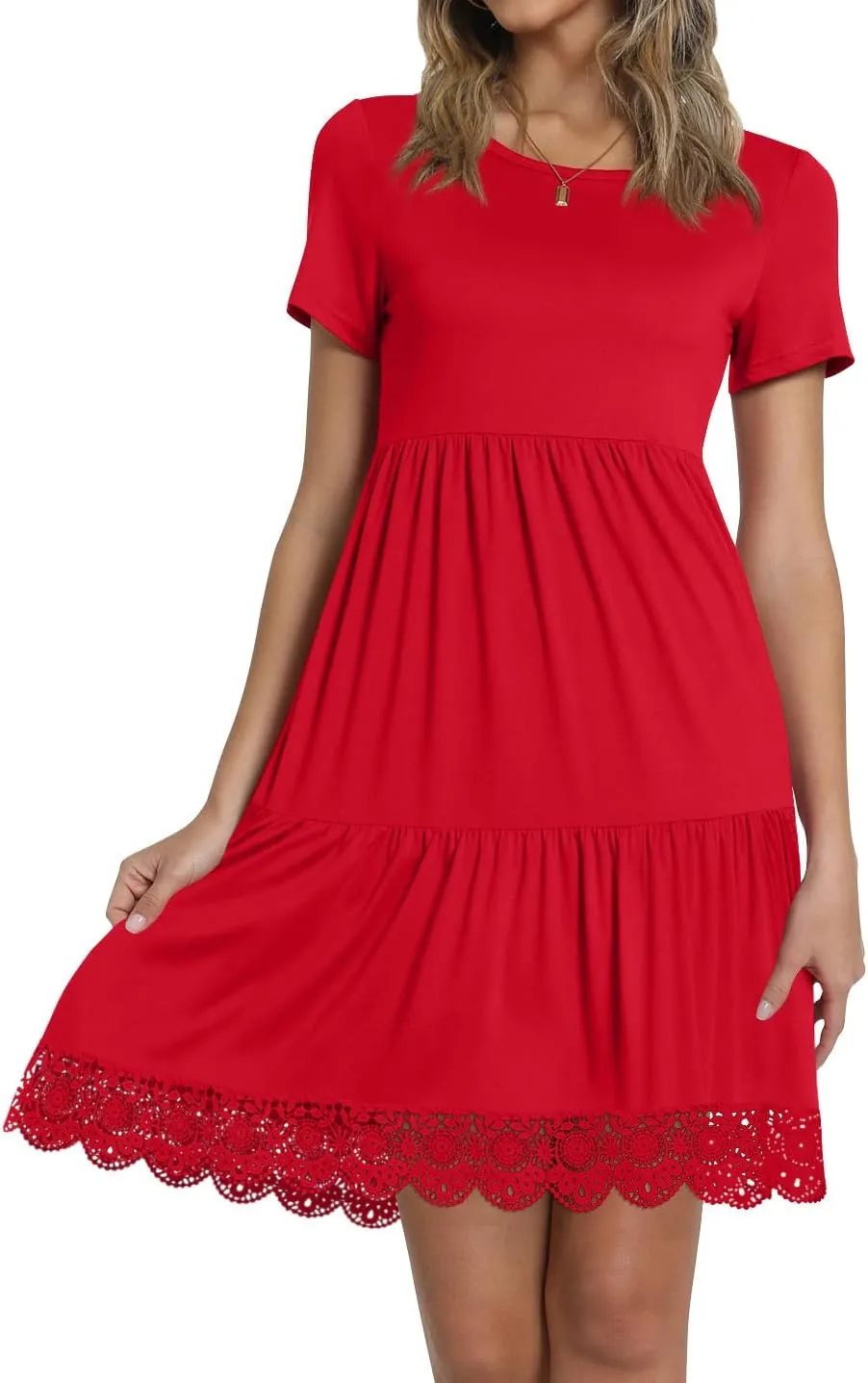TAOHUADAO Women's Summer Casual Tshirt Dresses Short Sleeve Ruffle Swing Lace Hem Dress with Pockets