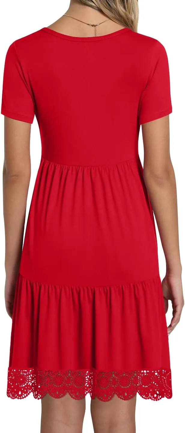 TAOHUADAO Women's Summer Casual Tshirt Dresses Short Sleeve Ruffle Swing Lace Hem Dress with Pockets