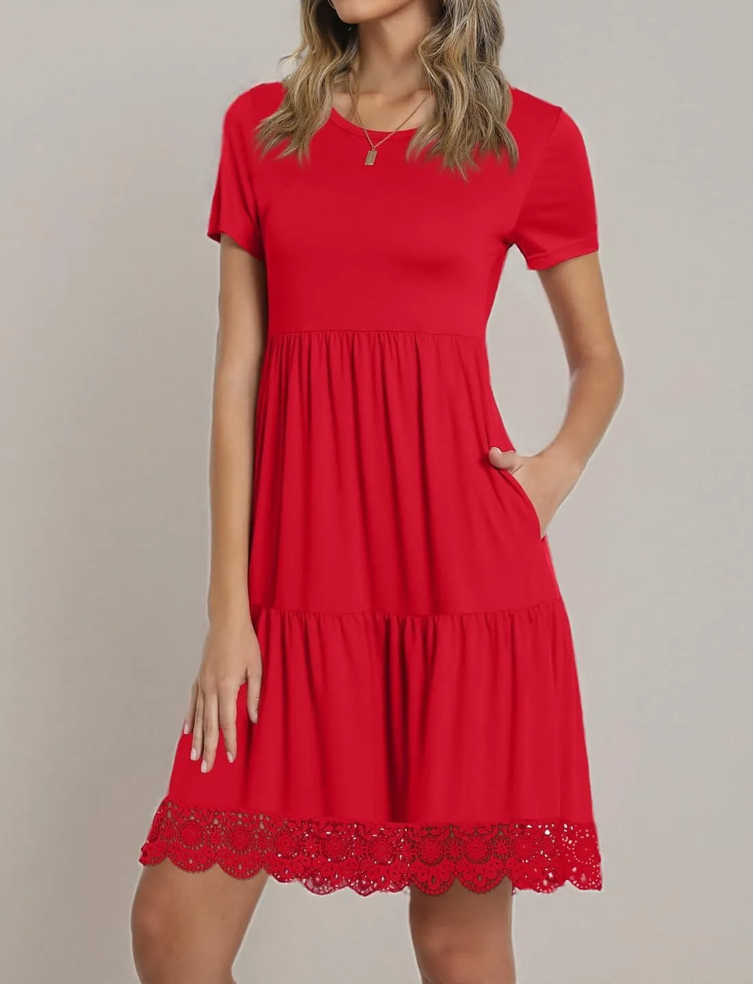 TAOHUADAO Women's Summer Casual Tshirt Dresses Short Sleeve Ruffle Swing Lace Hem Dress with Pockets