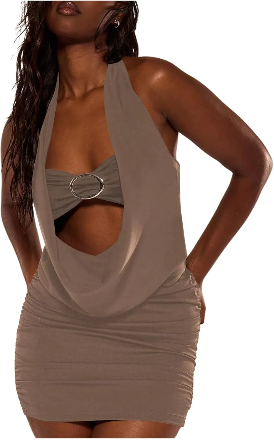 Verdusa Women's Sexy Backless Halter Ruched Crop Tops Drape Cut Out Going Out Tops with Bandeau Bra