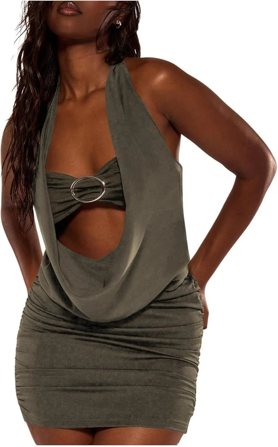 Verdusa Women's Sexy Backless Halter Ruched Crop Tops Drape Cut Out Going Out Tops with Bandeau Bra