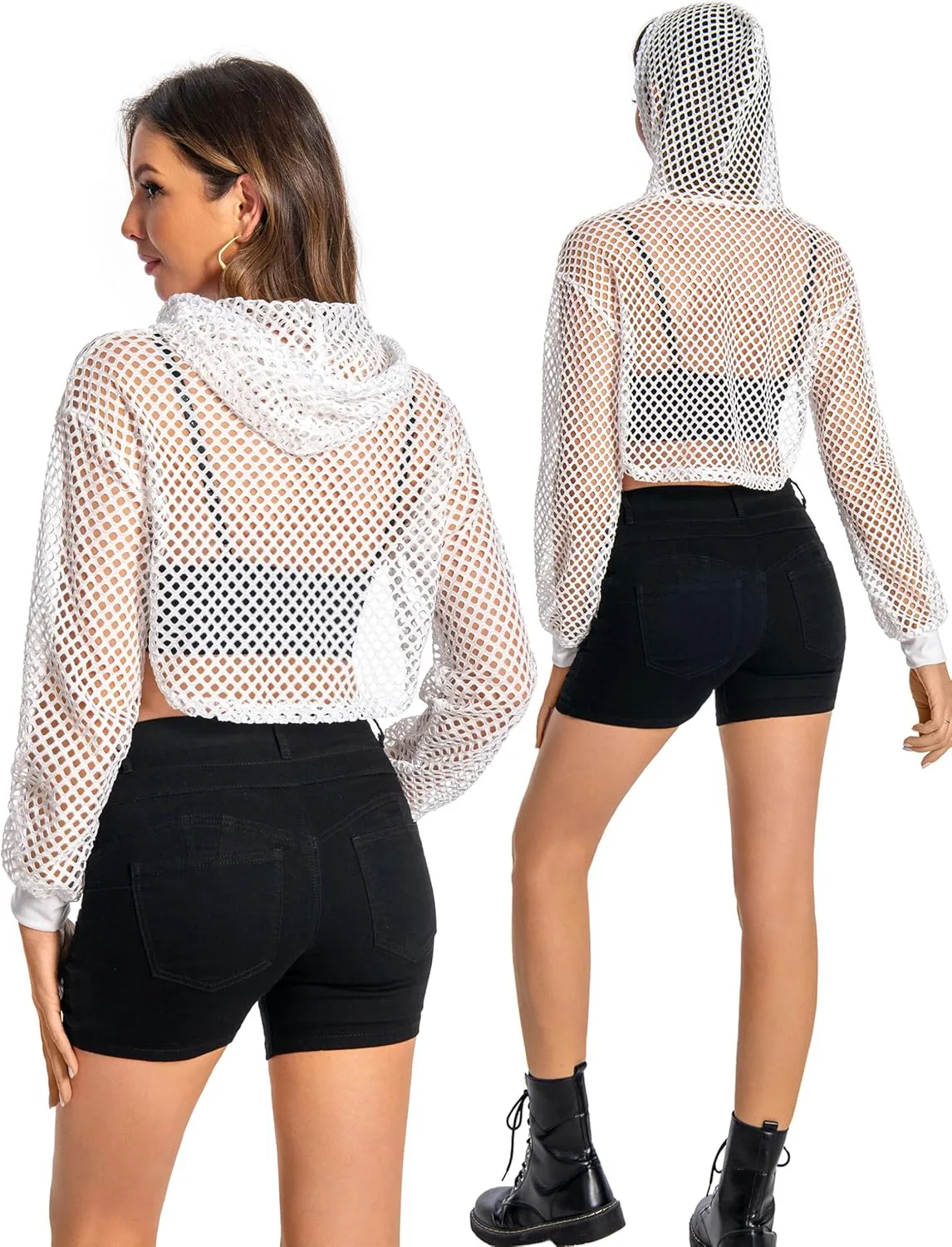 Women Mesh Crop Top Hoodie Fishnet See Through Long Sleeve Shirt Sheer Blouse for Club Party