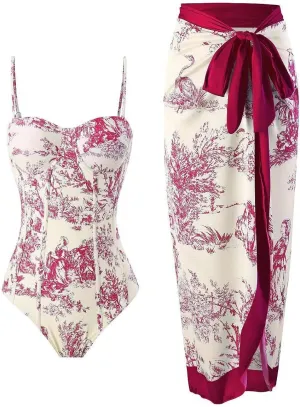 Women Sexy One Piece Swimsuit with Cover up Set High Waisted Beach Wrap Skirt Two Piece Bathing Suit