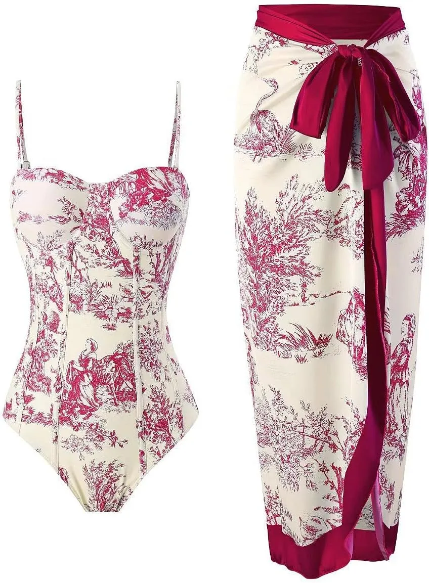 Women Sexy One Piece Swimsuit with Cover up Set High Waisted Beach Wrap Skirt Two Piece Bathing Suit