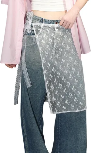 Women Y2k Lace Skirt Floral Mesh See Through Layered Lace Midi Skirts Vintage Split Half Slips Underskirt