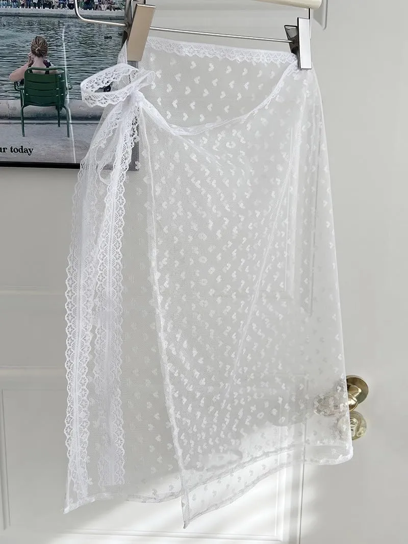 Women Y2k Lace Skirt Floral Mesh See Through Layered Lace Midi Skirts Vintage Split Half Slips Underskirt