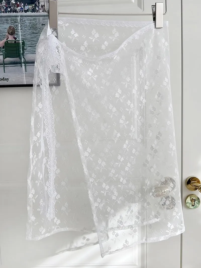 Women Y2k Lace Skirt Floral Mesh See Through Layered Lace Midi Skirts Vintage Split Half Slips Underskirt