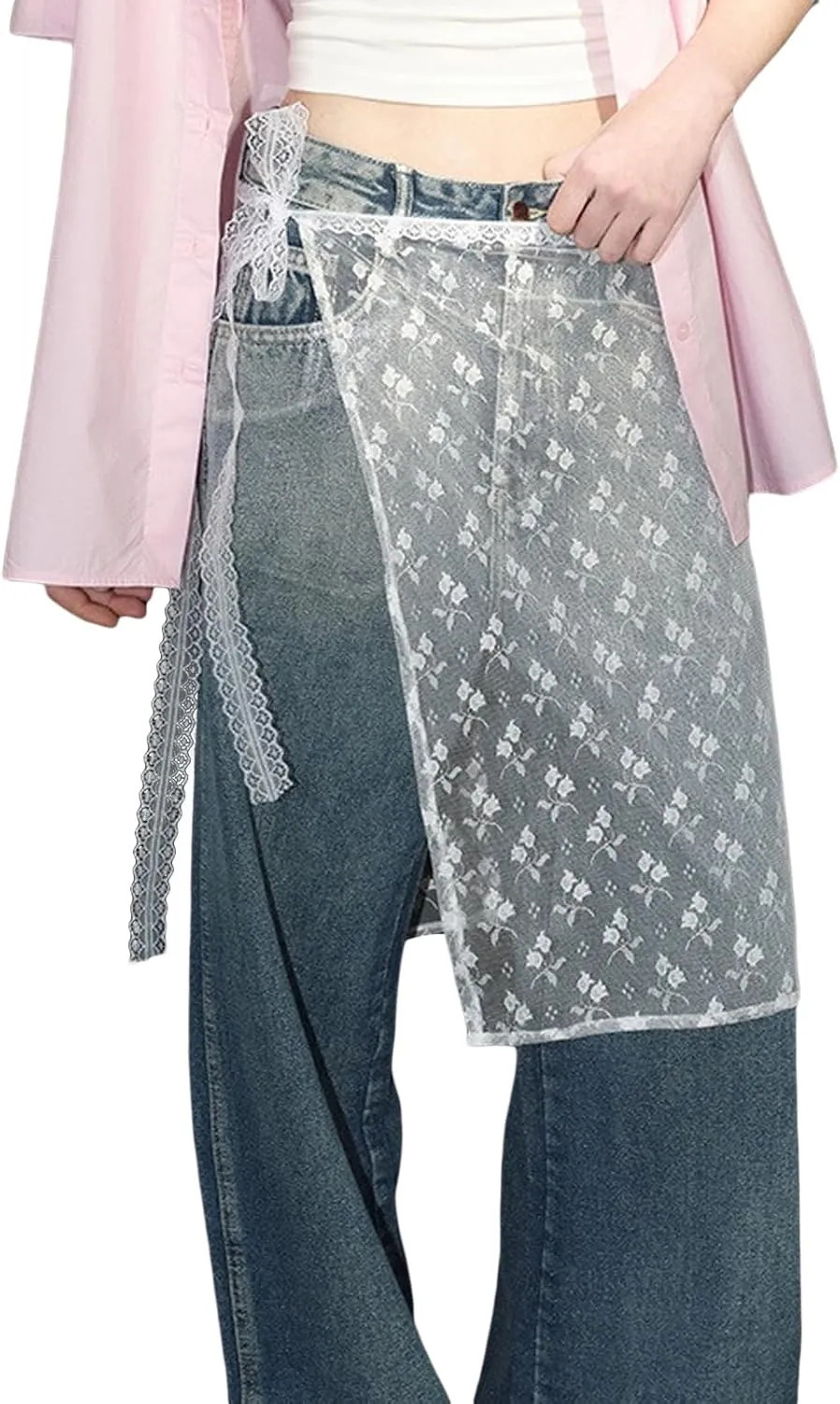 Women Y2k Lace Skirt Floral Mesh See Through Layered Lace Midi Skirts Vintage Split Half Slips Underskirt