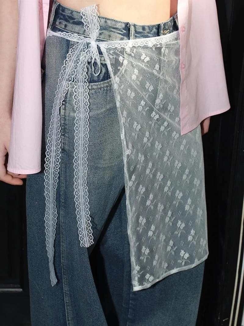 Women Y2k Lace Skirt Floral Mesh See Through Layered Lace Midi Skirts Vintage Split Half Slips Underskirt