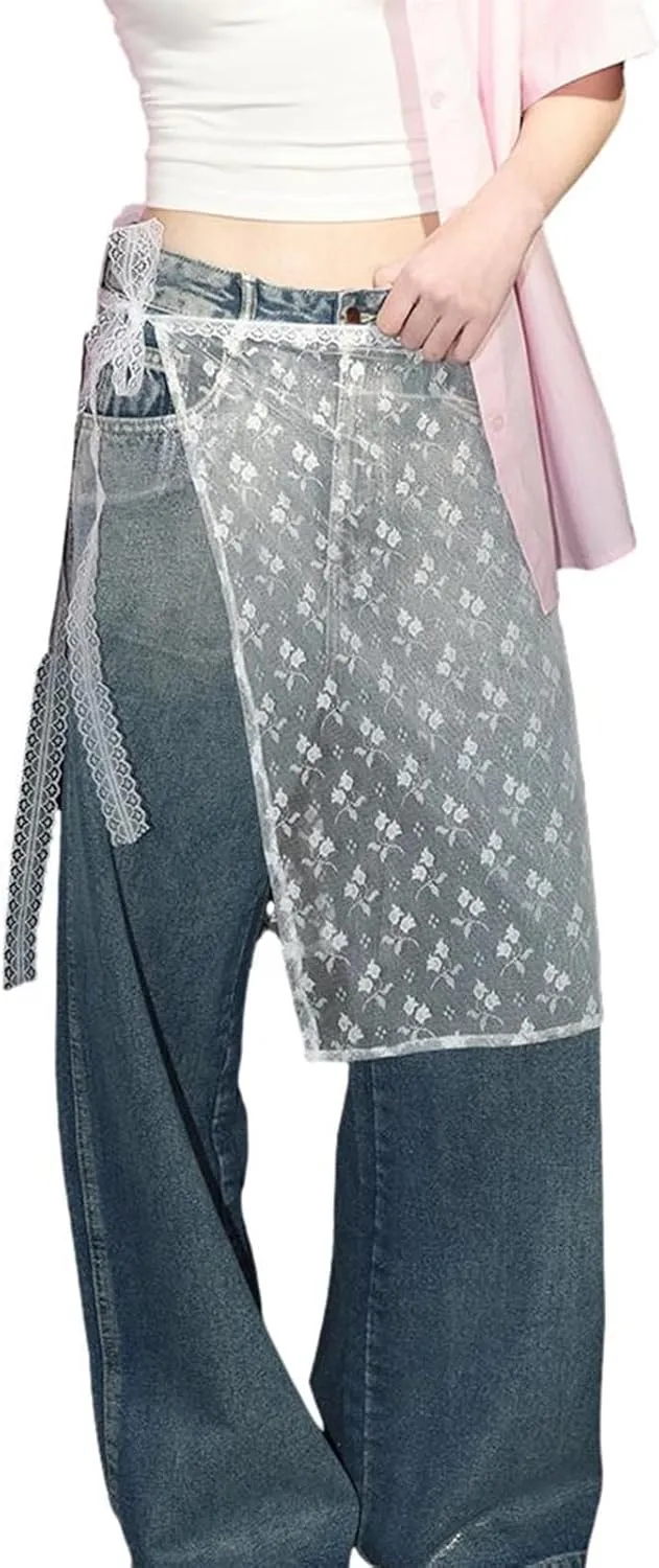 Women Y2k Lace Skirt Floral Mesh See Through Layered Lace Midi Skirts Vintage Split Half Slips Underskirt