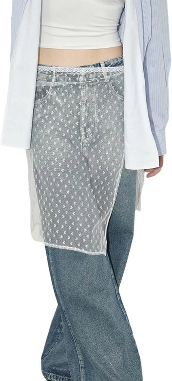 Women Y2k Lace Skirt Floral Mesh See Through Layered Lace Midi Skirts Vintage Split Half Slips Underskirt