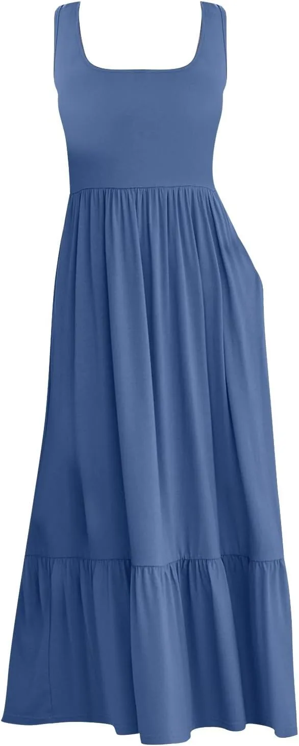 Women's 2025 Summer Sleeveless Dress Square Neck Pleated Swing Casual Maxi Dresses with Pockets