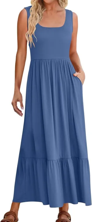 Women's 2025 Summer Sleeveless Dress Square Neck Pleated Swing Casual Maxi Dresses with Pockets