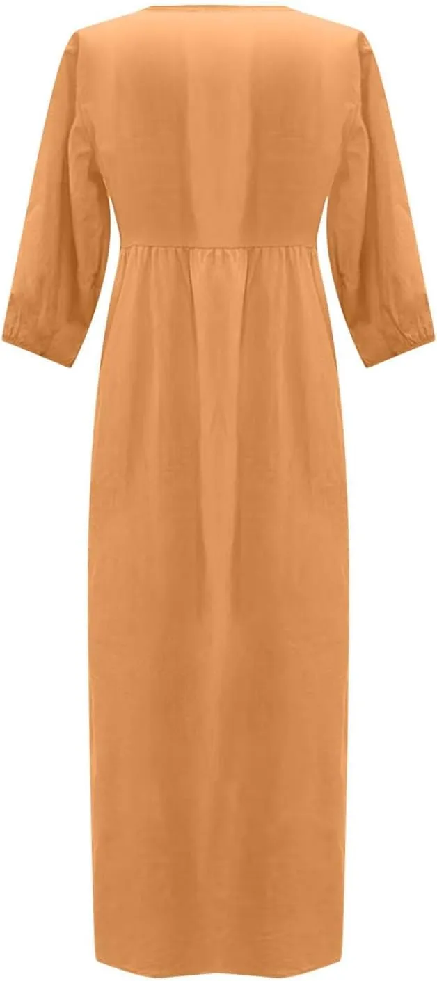 Womens Flowy Cotton and Linen Dress 3/4 Lantern Sleeve Tiered Maxi Loose V Neck Layer Ruffle Hem Casual Pleated Dresses