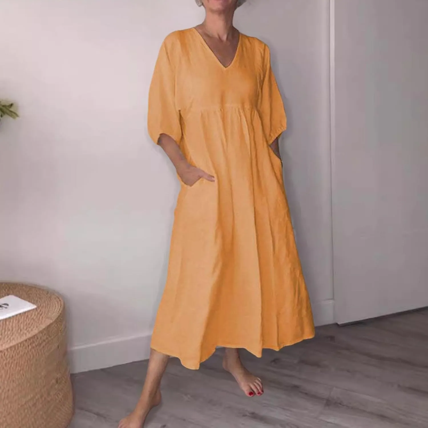 Womens Flowy Cotton and Linen Dress 3/4 Lantern Sleeve Tiered Maxi Loose V Neck Layer Ruffle Hem Casual Pleated Dresses
