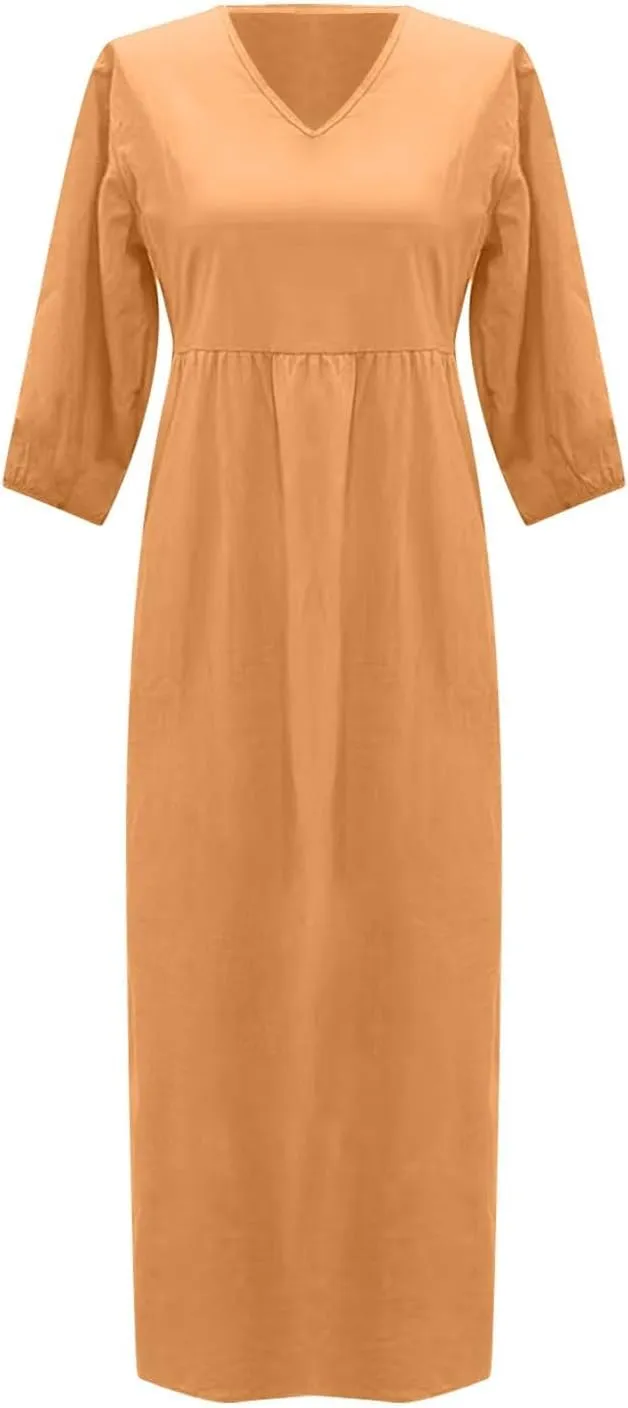 Womens Flowy Cotton and Linen Dress 3/4 Lantern Sleeve Tiered Maxi Loose V Neck Layer Ruffle Hem Casual Pleated Dresses