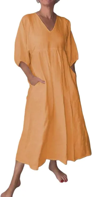 Womens Flowy Cotton and Linen Dress 3/4 Lantern Sleeve Tiered Maxi Loose V Neck Layer Ruffle Hem Casual Pleated Dresses