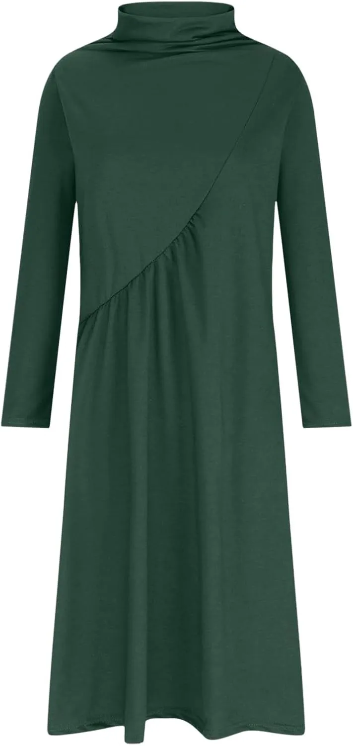 Womens Long Sleeve Turtleneck Casual Dresses Fall Winter Loose Pleated Solid Color Swing Midi Dress with Pockets