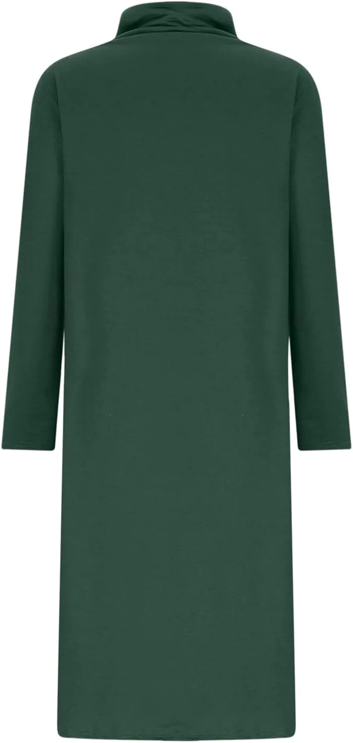 Womens Long Sleeve Turtleneck Casual Dresses Fall Winter Loose Pleated Solid Color Swing Midi Dress with Pockets