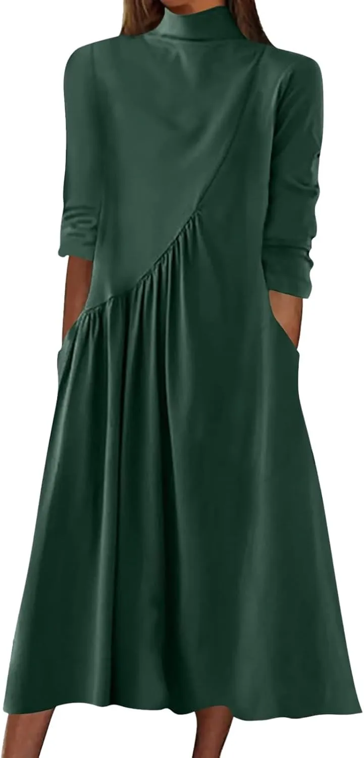 Womens Long Sleeve Turtleneck Casual Dresses Fall Winter Loose Pleated Solid Color Swing Midi Dress with Pockets