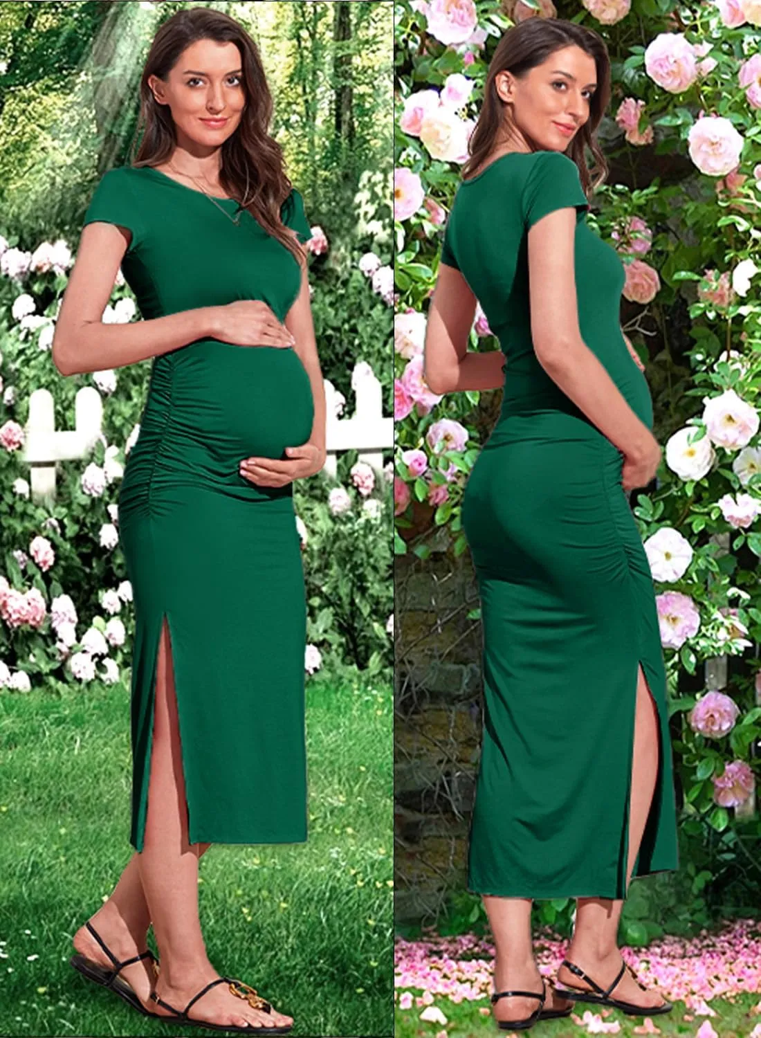 Women's Maternity Dress Short Sleeve Bodycon Dresses Split Maternity Dress for Baby Shower Summer Pregnancy Clothes