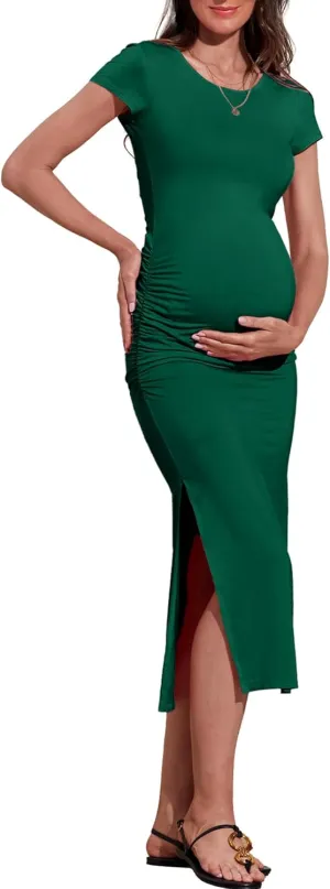 Women's Maternity Dress Short Sleeve Bodycon Dresses Split Maternity Dress for Baby Shower Summer Pregnancy Clothes
