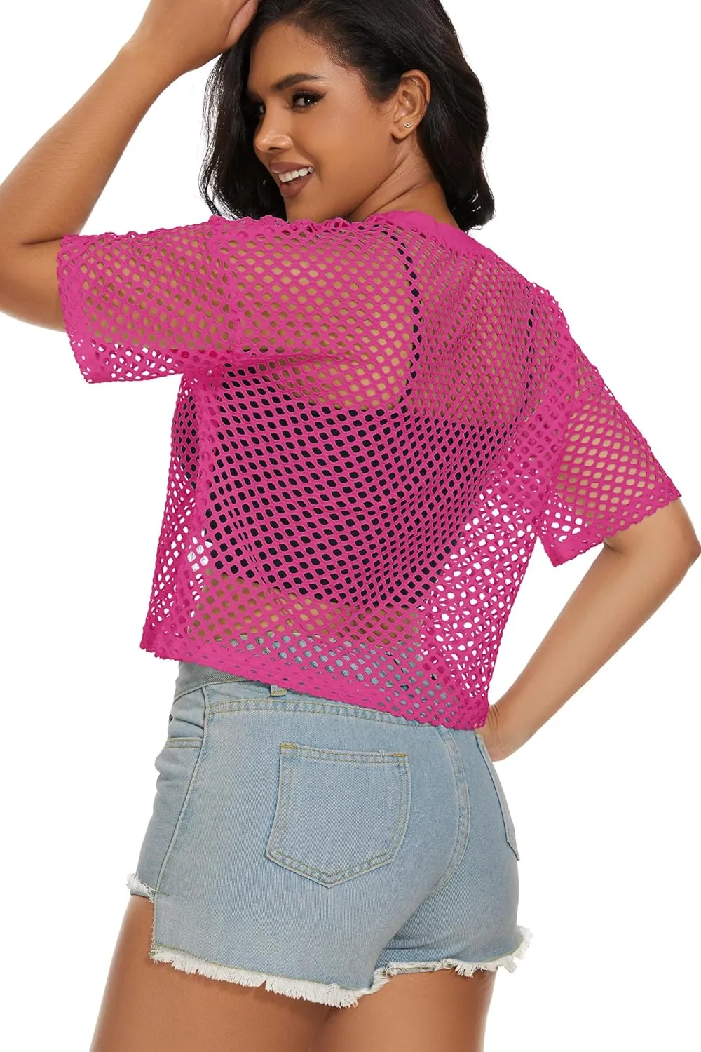 Women's Mesh Fishnet Top See Through Cover Up Short Sleeves T Shirts Sheer Blouse