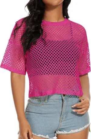 Women's Mesh Fishnet Top See Through Cover Up Short Sleeves T Shirts Sheer Blouse