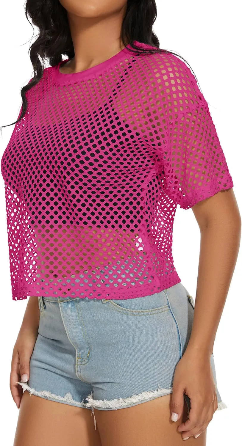Women's Mesh Fishnet Top See Through Cover Up Short Sleeves T Shirts Sheer Blouse