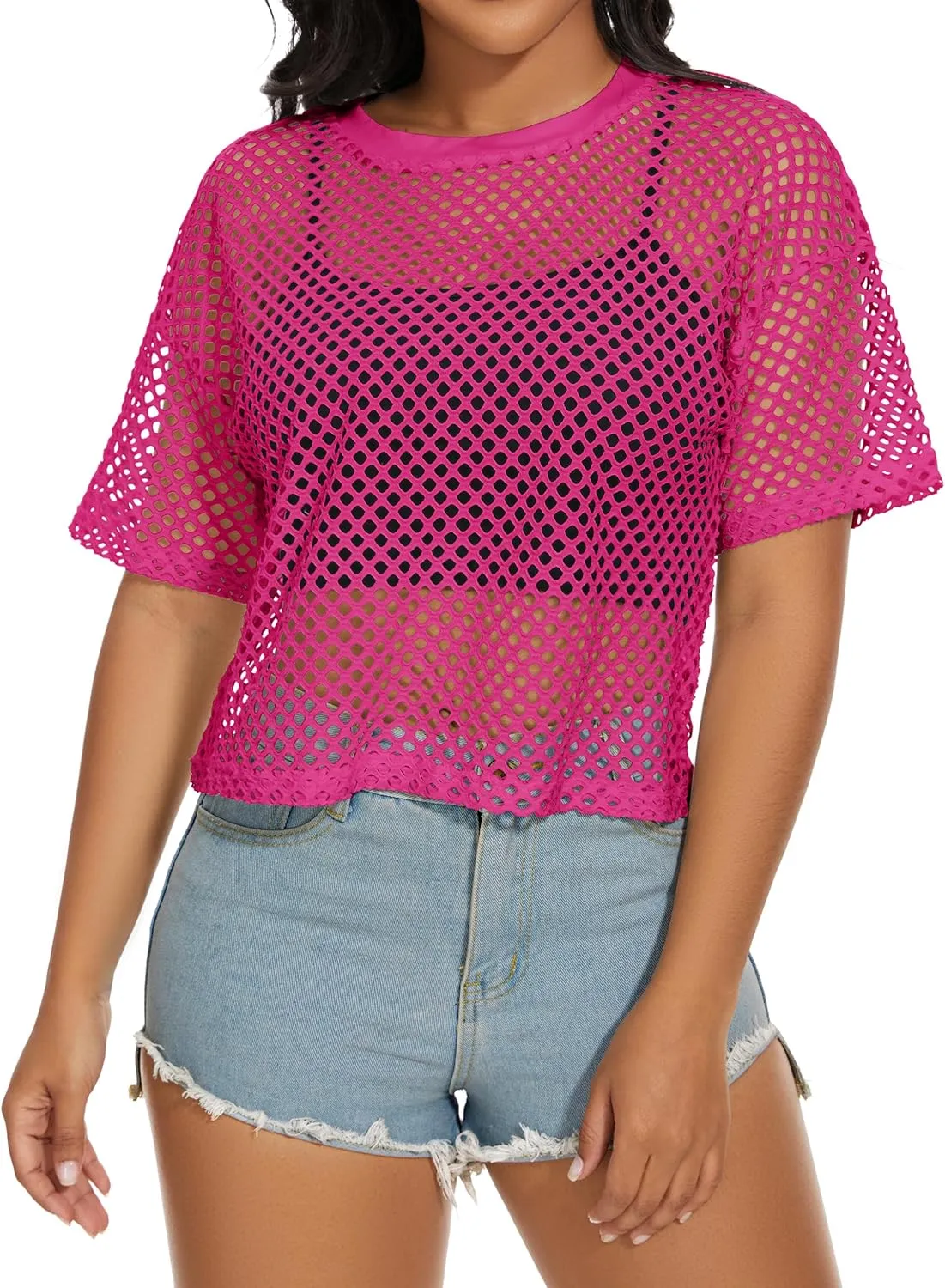 Women's Mesh Fishnet Top See Through Cover Up Short Sleeves T Shirts Sheer Blouse