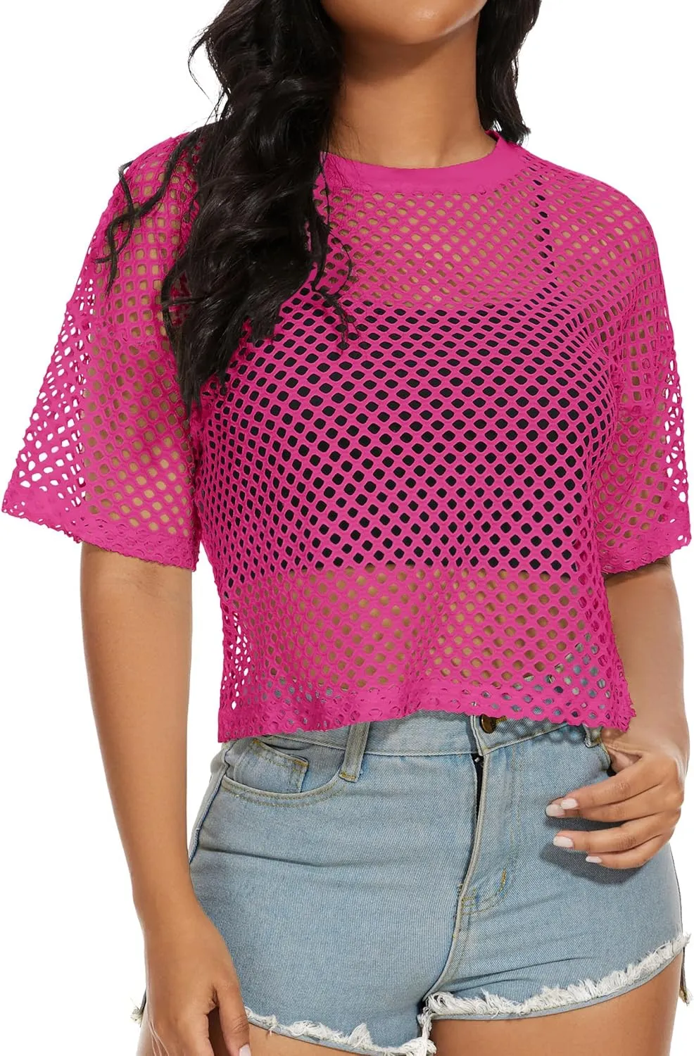 Women's Mesh Fishnet Top See Through Cover Up Short Sleeves T Shirts Sheer Blouse