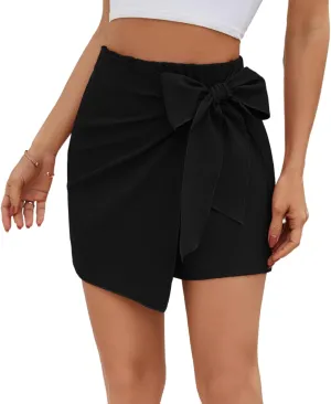 Womens Mini Wrap Skirt High Waist Knot Belted Skorts Elastic Waist Casual Loose Asymmetrical Hem Trendy Shorts