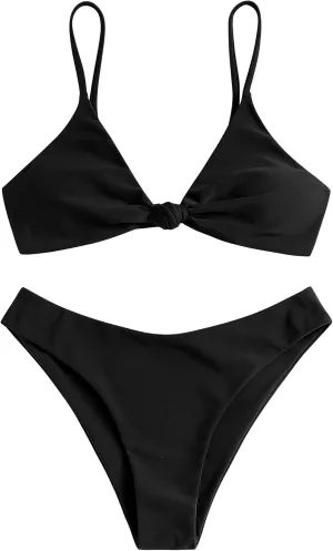 ZAFUL Women's Tie Knot Front Spaghetti Strap High Cut Bikini Set Swimsuit
