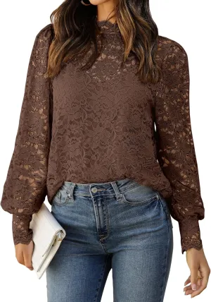Zeagoo Women Lace Tops Long Sleeves Mock Neck Casual Dressy Tops with Separable Camisole Sexy Blouses Shirts 2 PCS Set
